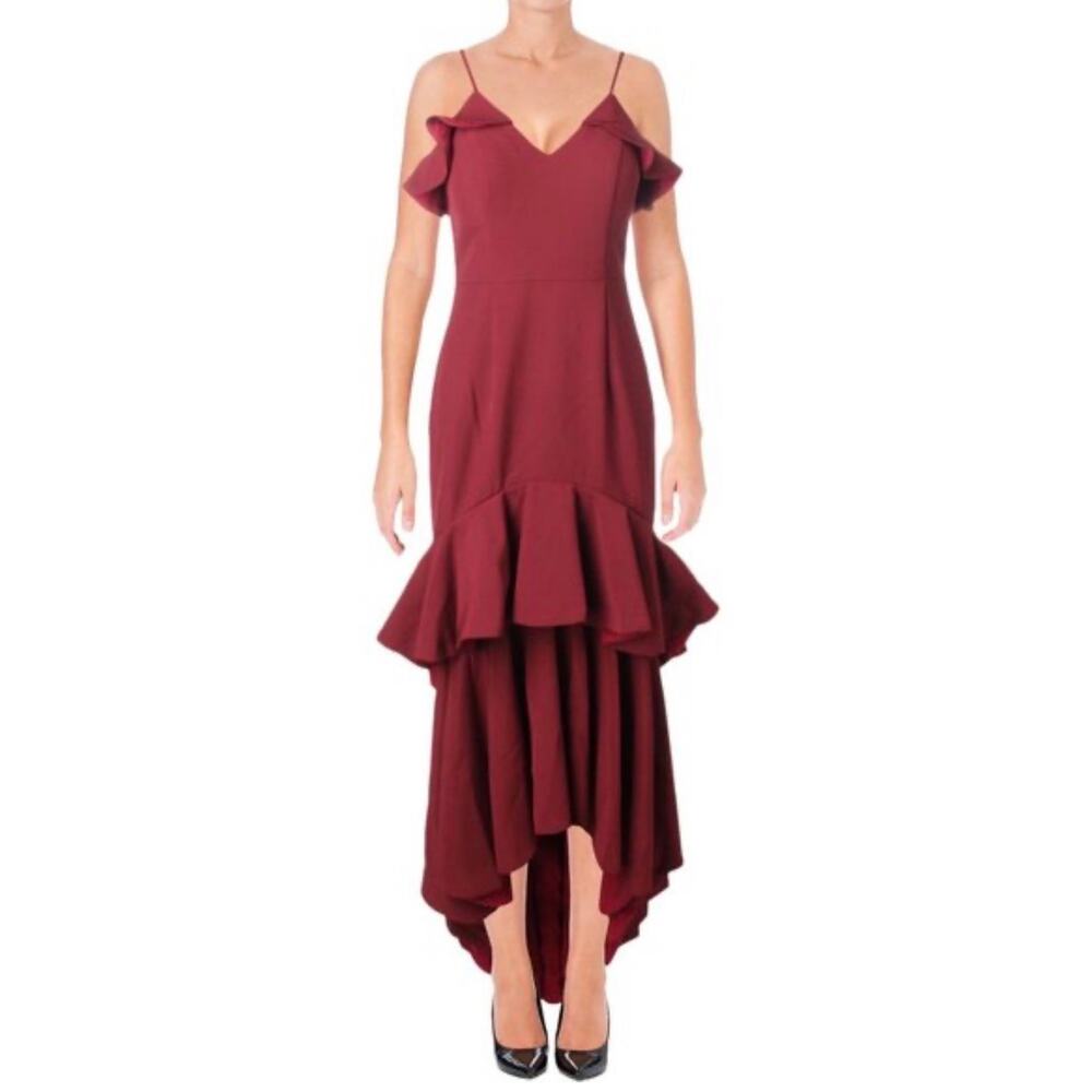 Jarlo Sleeveless High-Low Ruffled Evening Gown Burgundy Red Size 8 Formal Dress